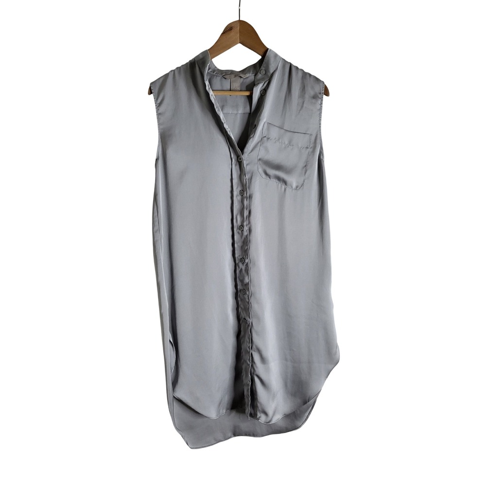H&M Silver Gray Satin Sleeveless Button Down Tunic Top XS Sleek Luxe Comfort